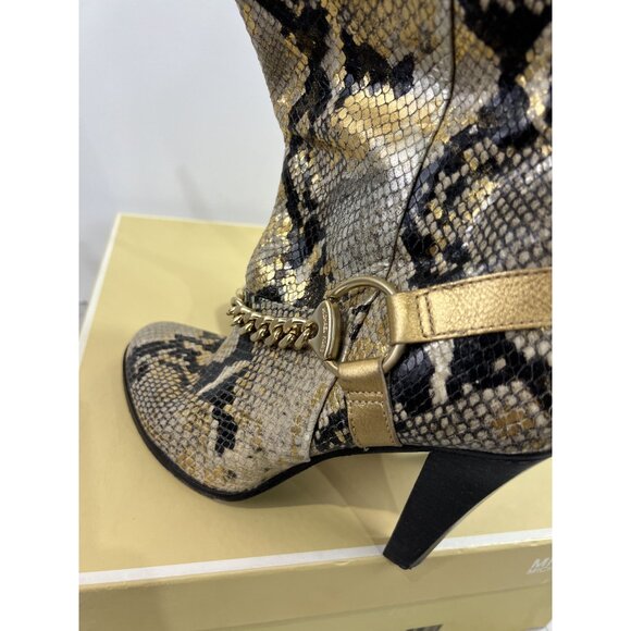Michael Kors Gold Saratoga Boot Snake Skin Women's Sz. 8.5 Gold Chain Accent - Picture 6 of 13